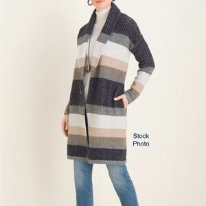 CHICOS NEW elongated striped cardigan open front secured with pin sweater coat